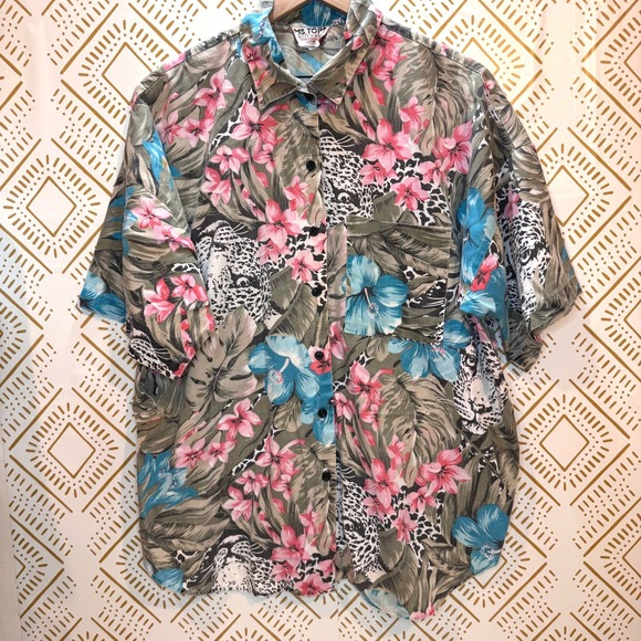Ms. Tops Tops - Vintage Button Up Size 22W Tropical Leopard Floral Short Sleeve Shirt Summer